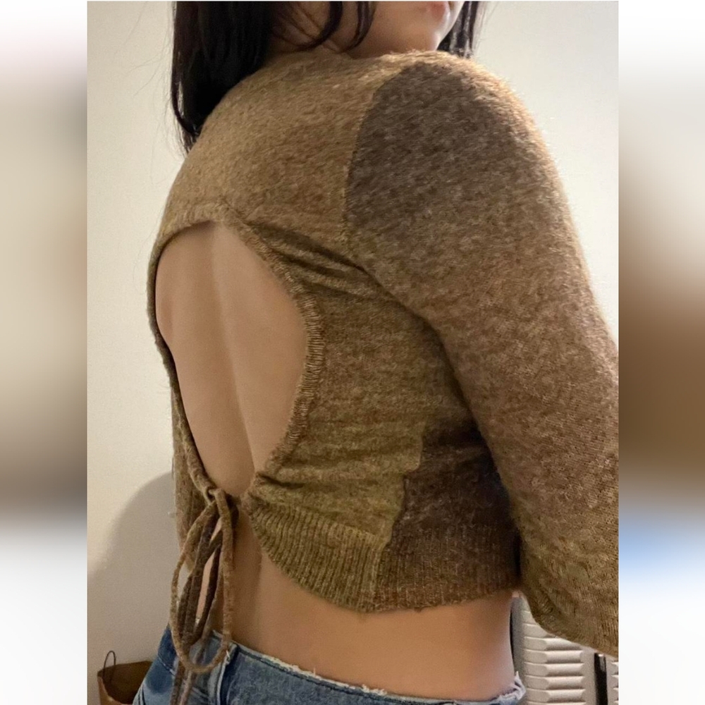 Cotton On wool cropped brown striped sweater. Open back with tie at the bottom,